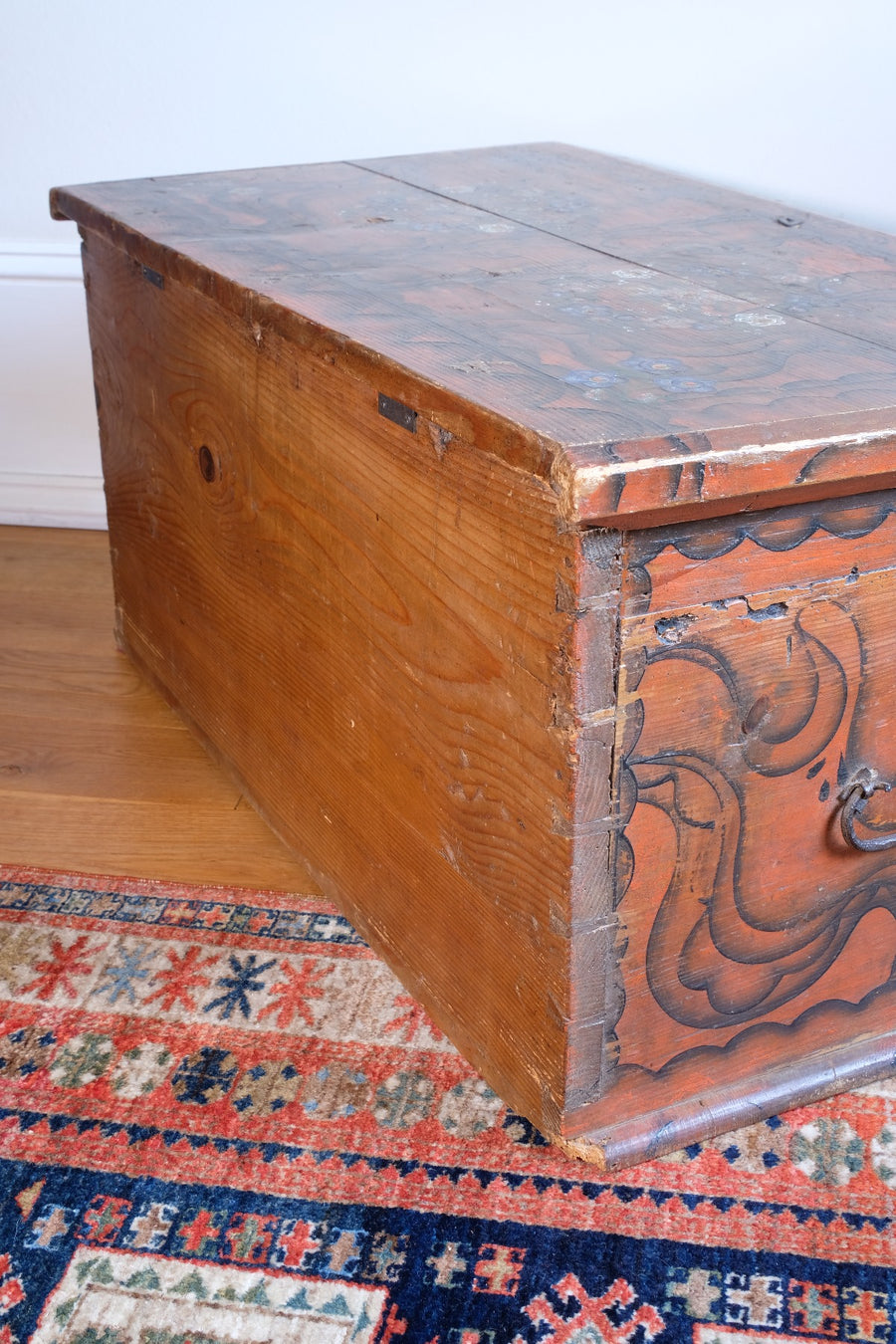 Hand-Painted Folk Art Coffer Chest with Floral Motifs