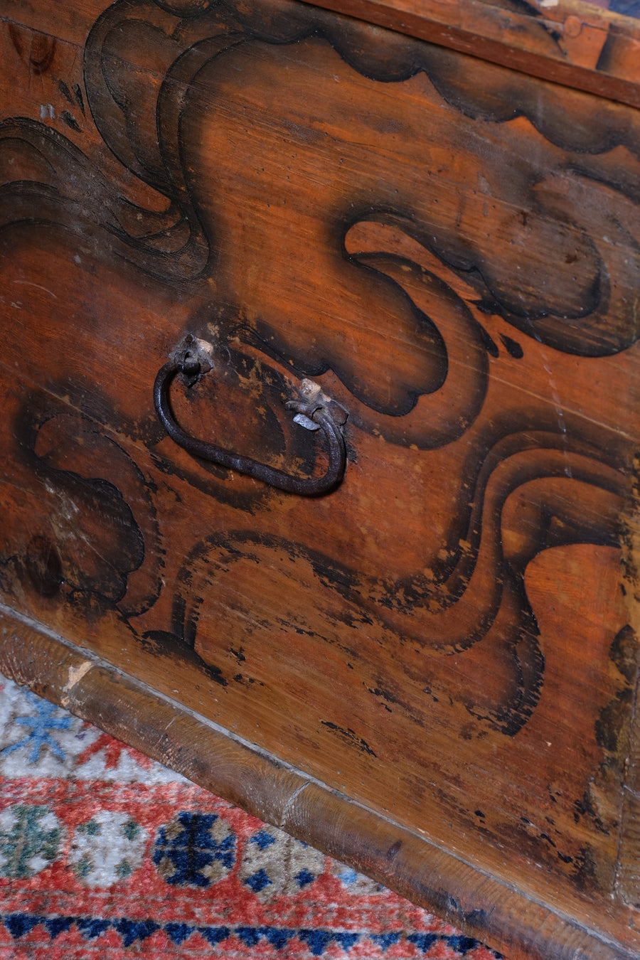 Hand-Painted Folk Art Coffer Chest with Floral Motifs
