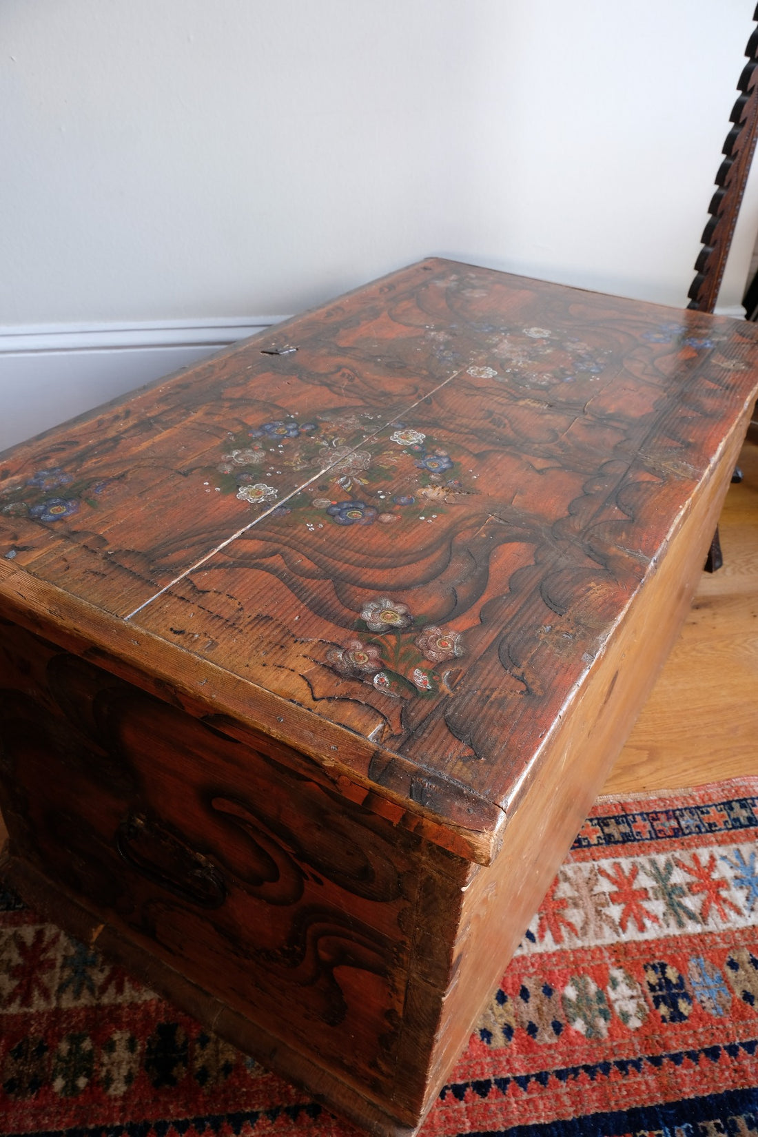 Hand-Painted Folk Art Coffer Chest with Floral Motifs