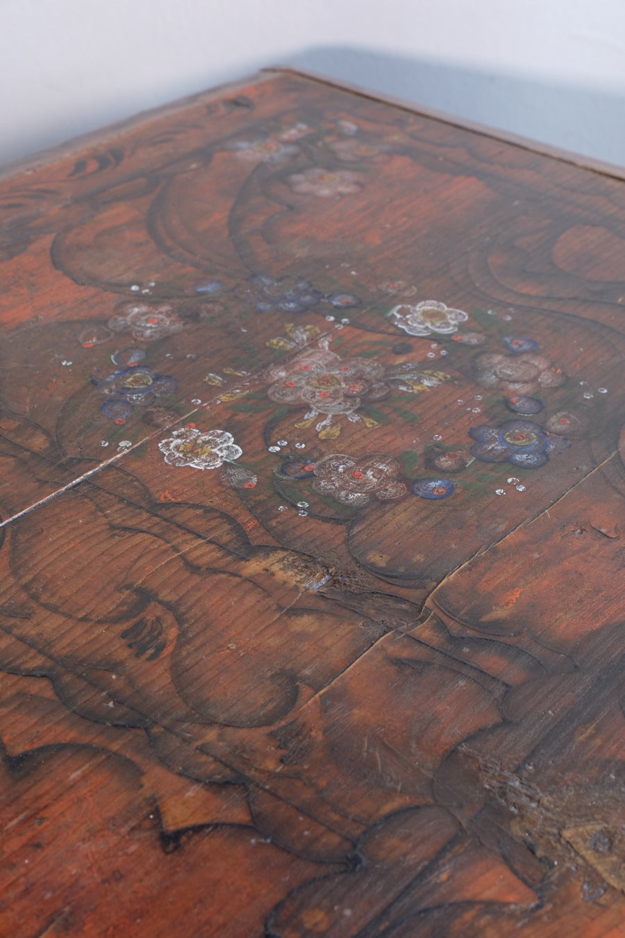Hand-Painted Folk Art Coffer Chest with Floral Motifs