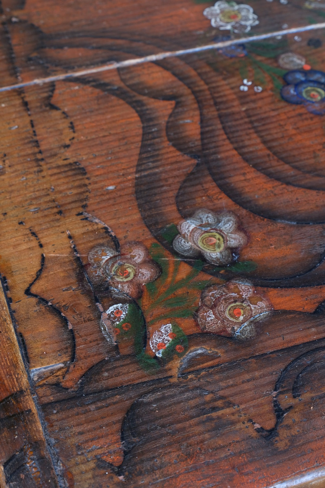 Hand-Painted Folk Art Coffer Chest with Floral Motifs
