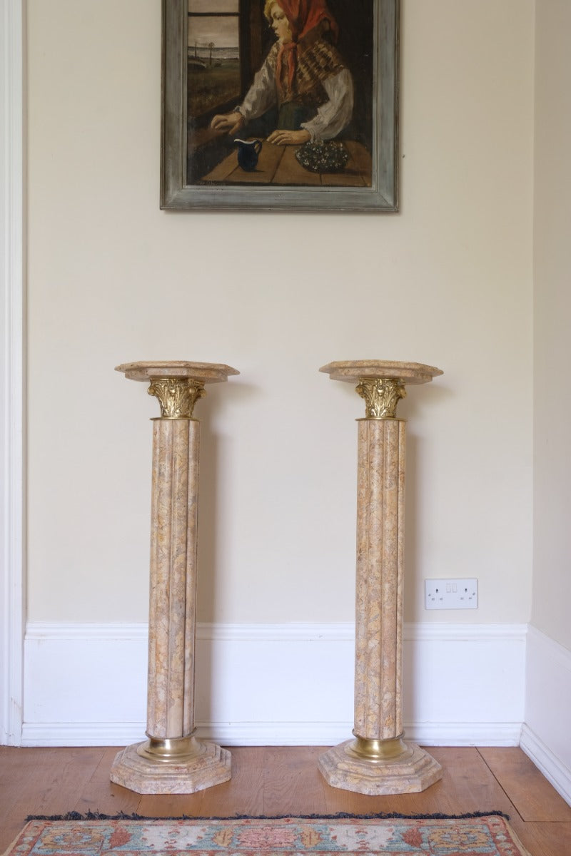 Pair Of Flute Marble Pedestal Stands With Cast Brass Tops 1001848