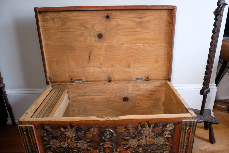 Hand-Painted Folk Art Coffer Chest with Floral Motifs