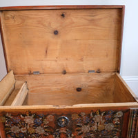 Hand-Painted Folk Art Coffer Chest with Floral Motifs