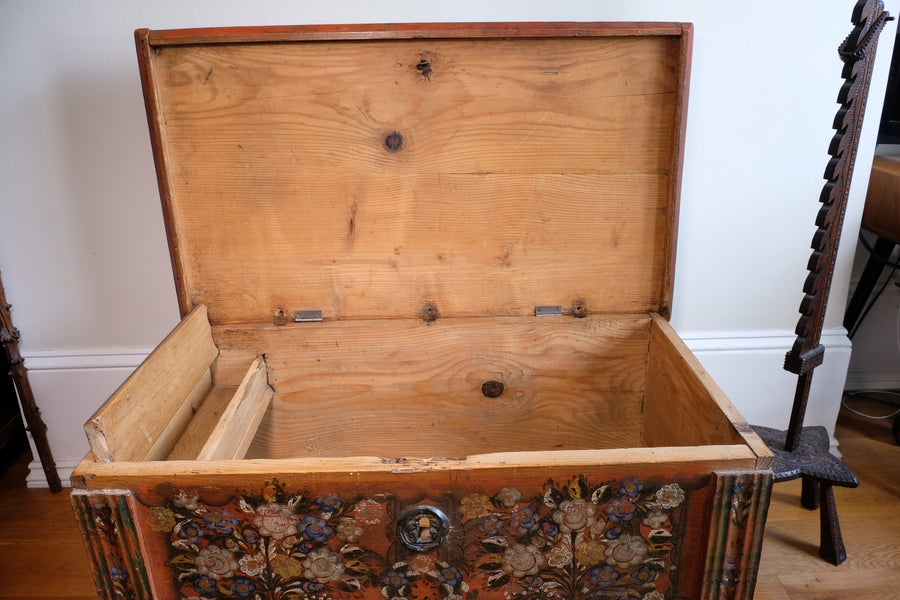 Hand-Painted Folk Art Coffer Chest with Floral Motifs