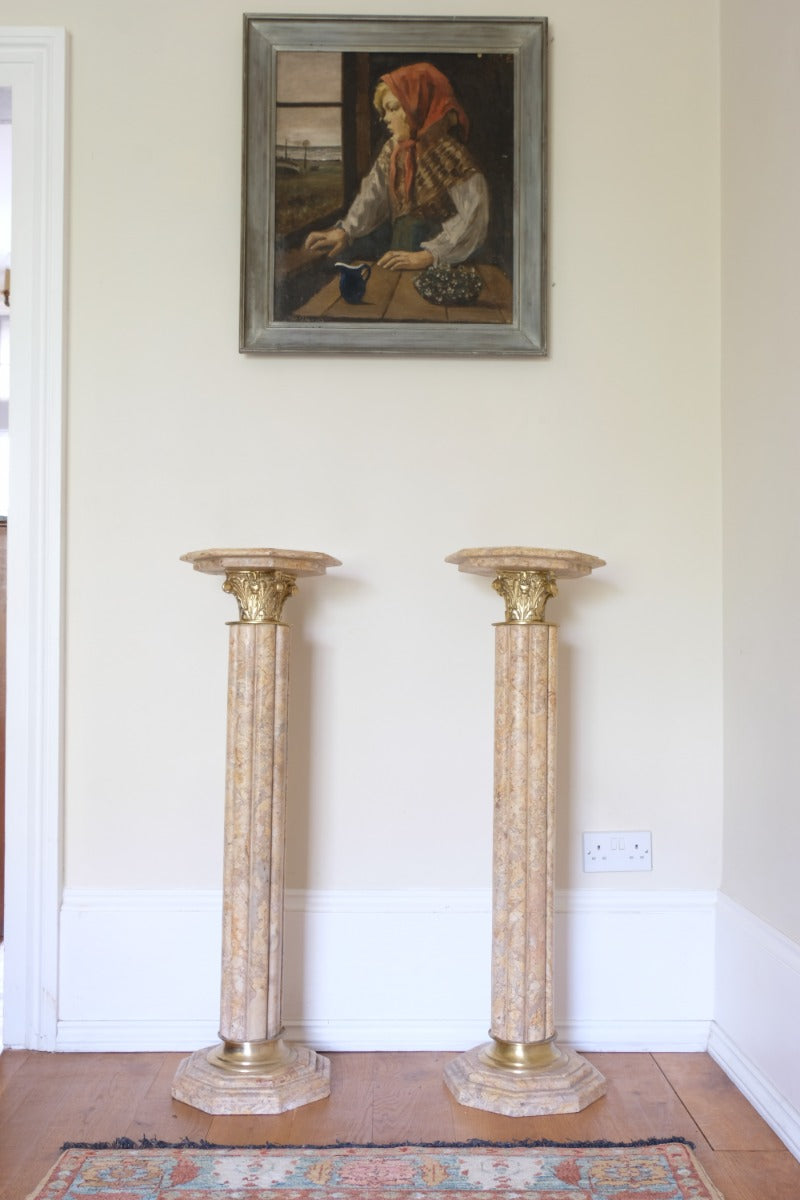 Pair Of Flute Marble Pedestal Stands With Cast Brass Tops 1001848