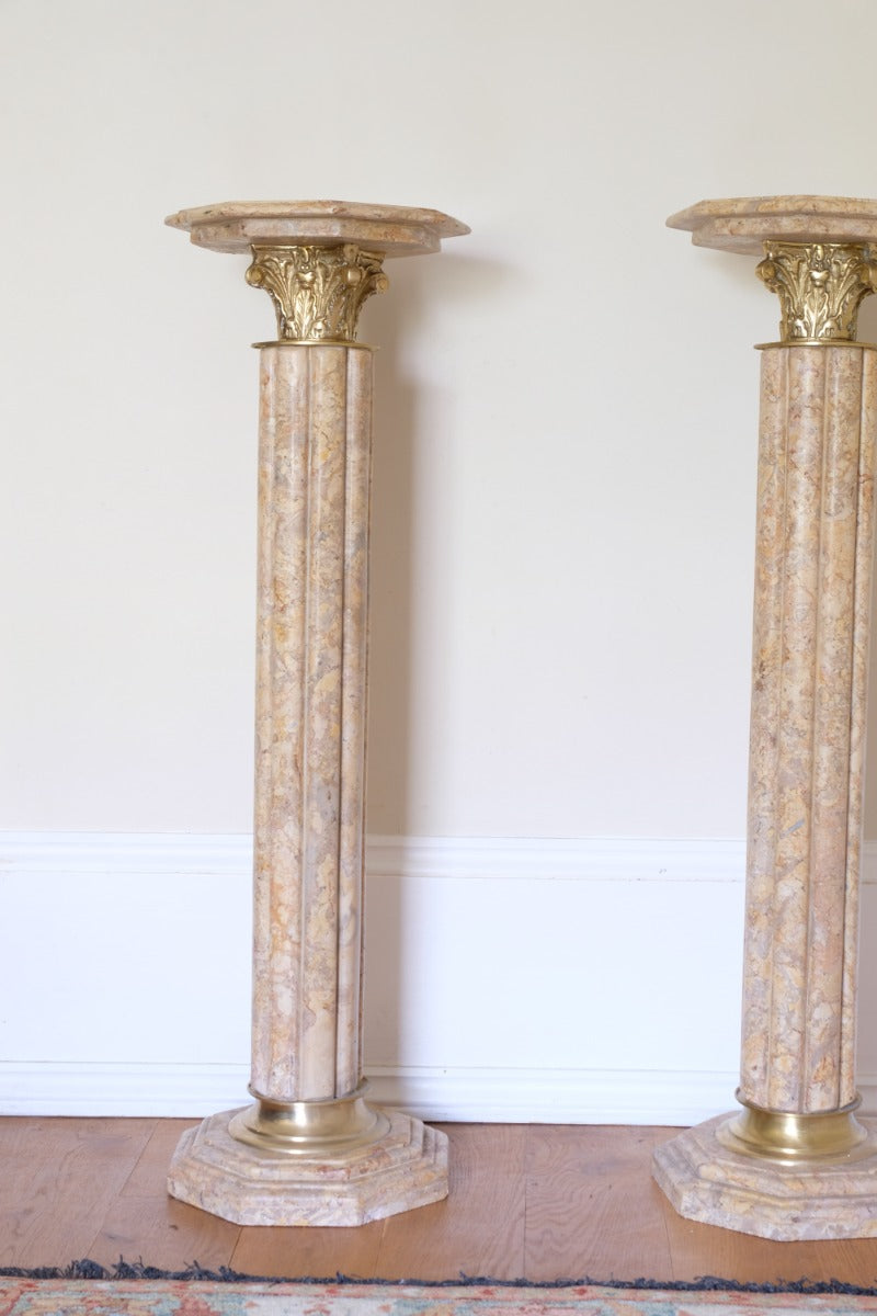 Pair Of Flute Marble Pedestal Stands With Cast Brass Tops 1001848