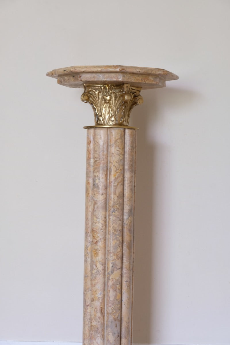 Pair Of Flute Marble Pedestal Stands With Cast Brass Tops 1001848