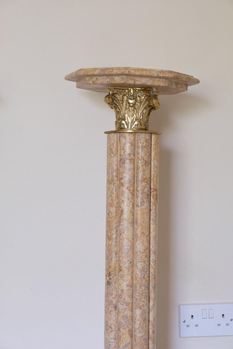 Pair Of Flute Marble Pedestal Stands With Cast Brass Tops 1001848