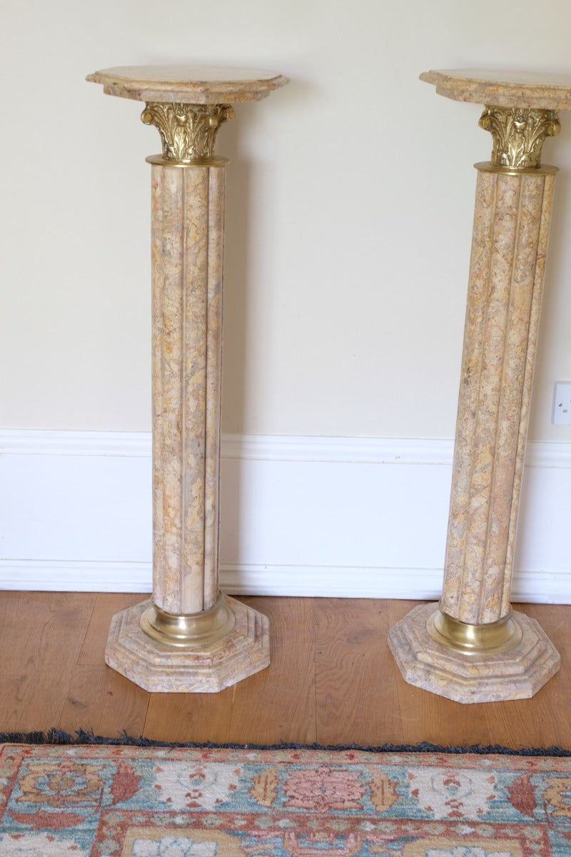 Pair Of Flute Marble Pedestal Stands With Cast Brass Tops 1001848