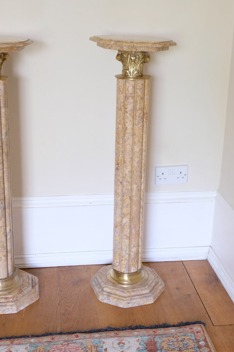 Pair Of Flute Marble Pedestal Stands With Cast Brass Tops 1001848