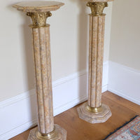 Pair Of Flute Marble Pedestal Stands With Cast Brass Tops 1001848