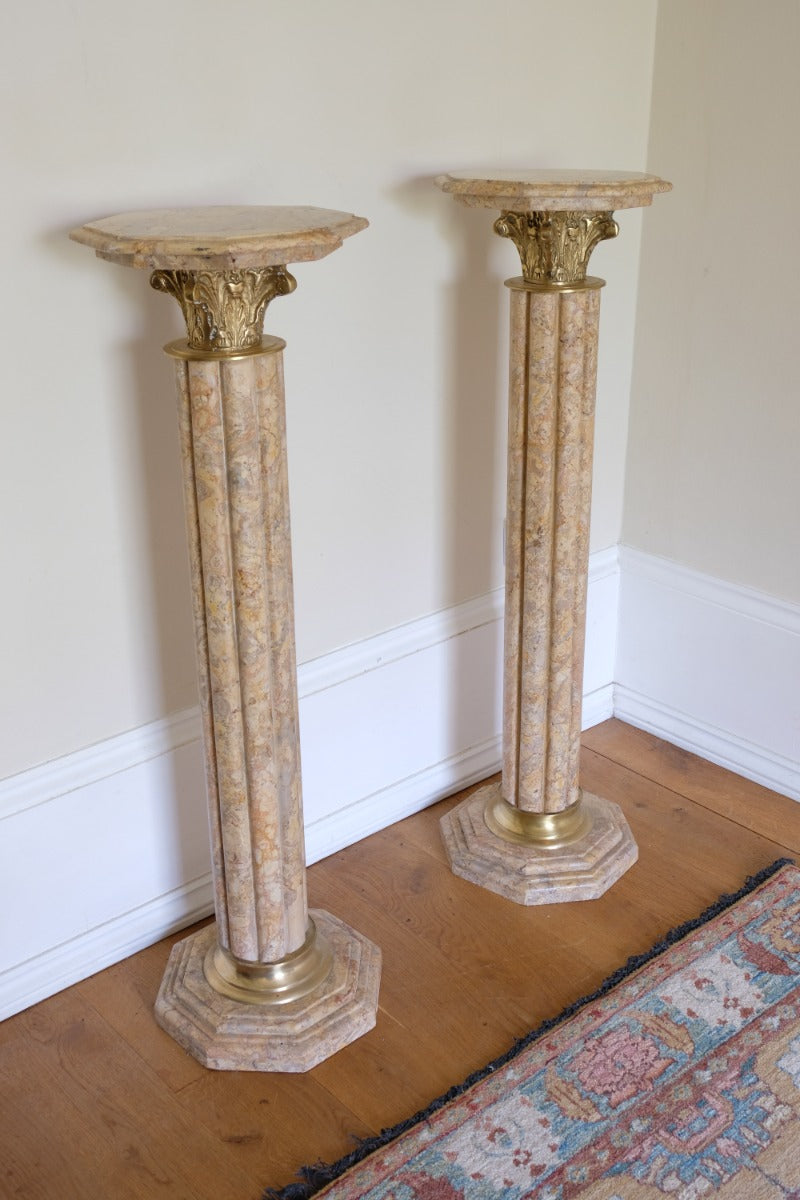 Pair Of Flute Marble Pedestal Stands With Cast Brass Tops 1001848