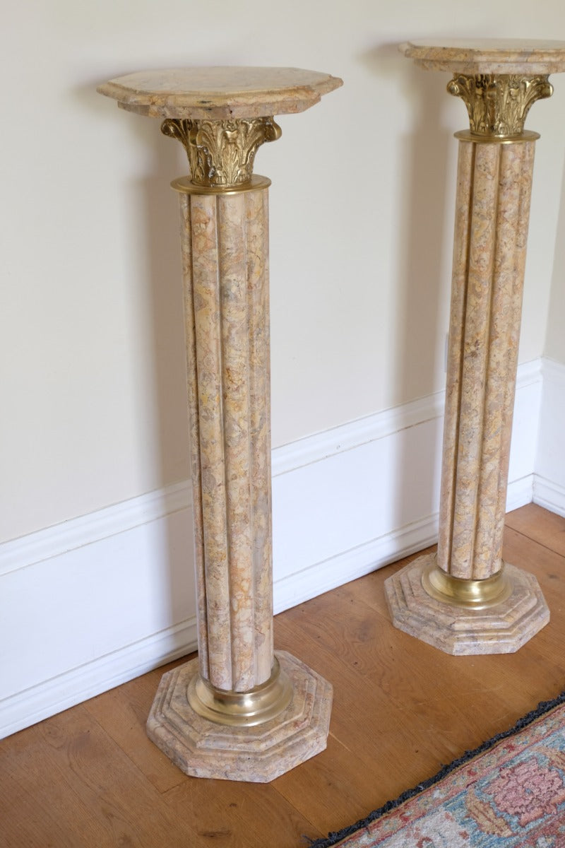 Pair Of Flute Marble Pedestal Stands With Cast Brass Tops 1001848