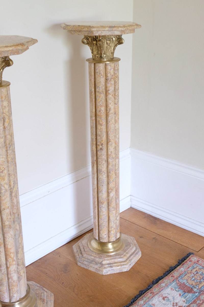 Pair Of Flute Marble Pedestal Stands With Cast Brass Tops 1001848