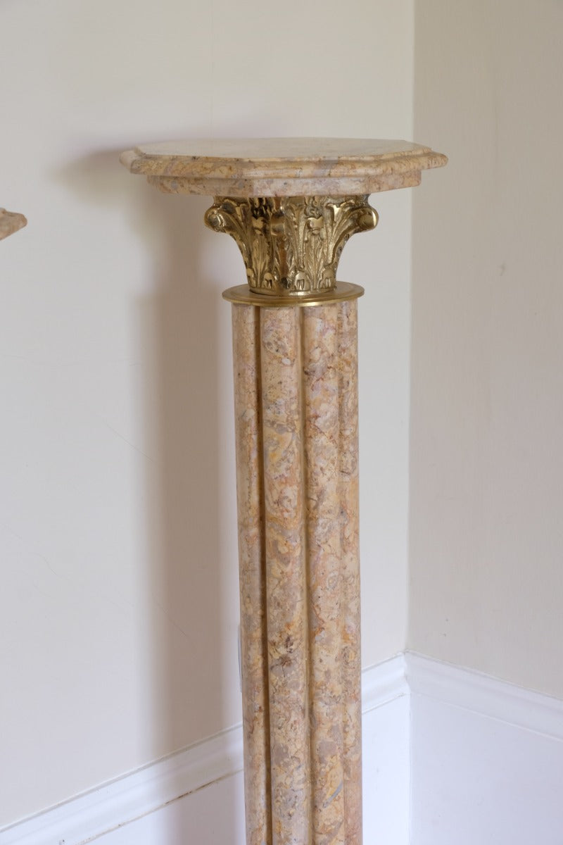 Pair Of Flute Marble Pedestal Stands With Cast Brass Tops 1001848