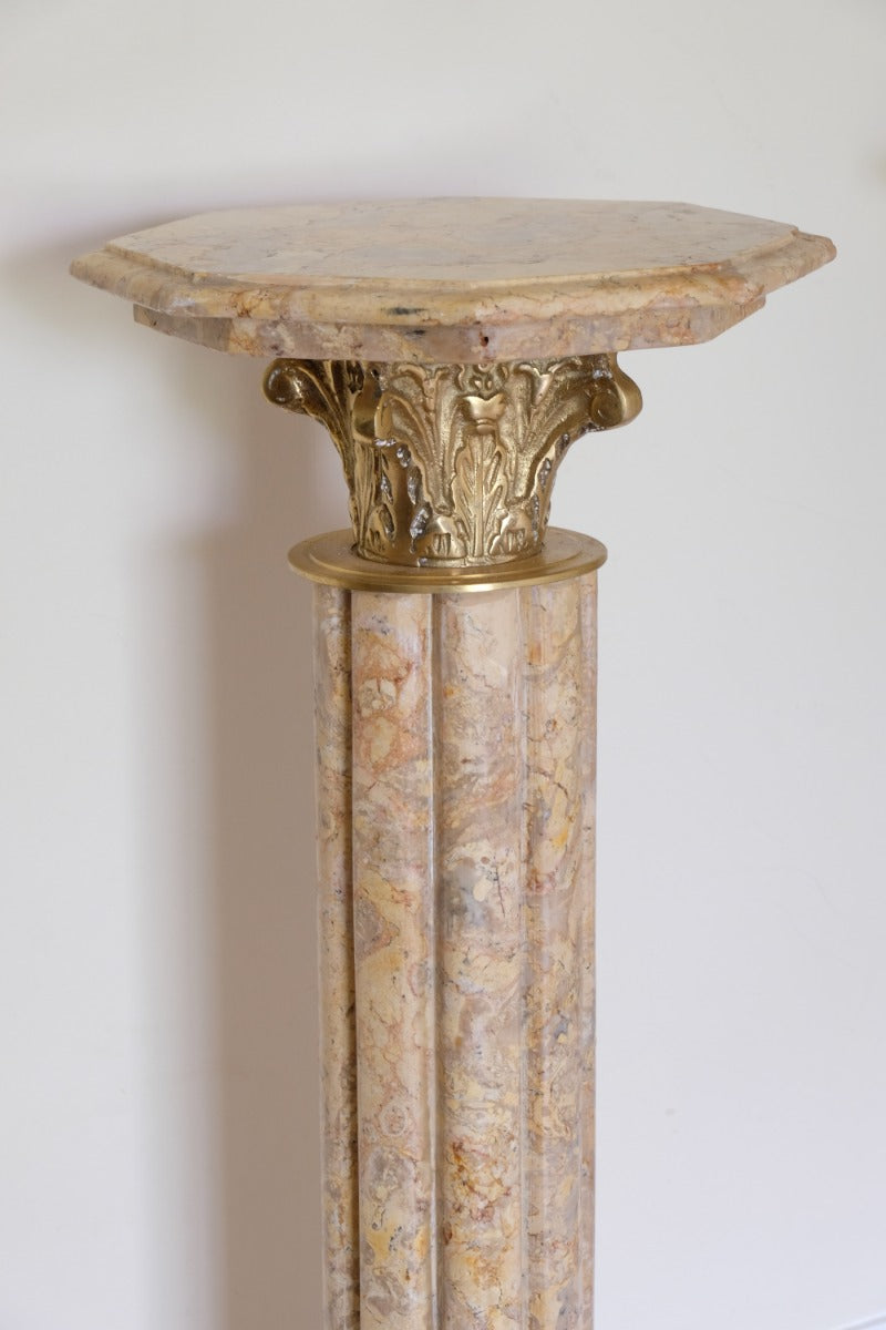 Pair Of Flute Marble Pedestal Stands With Cast Brass Tops 1001848