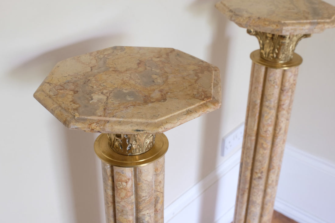 Pair Of Flute Marble Pedestal Stands With Cast Brass Tops 1001848