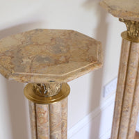 Pair Of Flute Marble Pedestal Stands With Cast Brass Tops 1001848