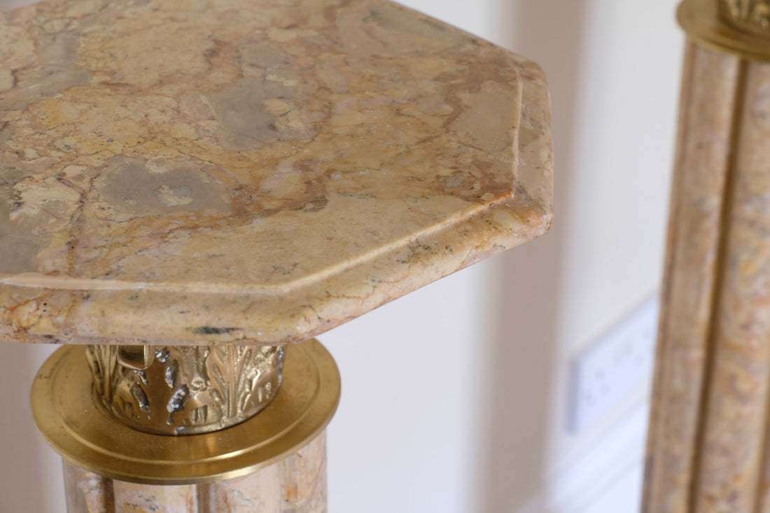 Pair Of Flute Marble Pedestal Stands With Cast Brass Tops 1001848