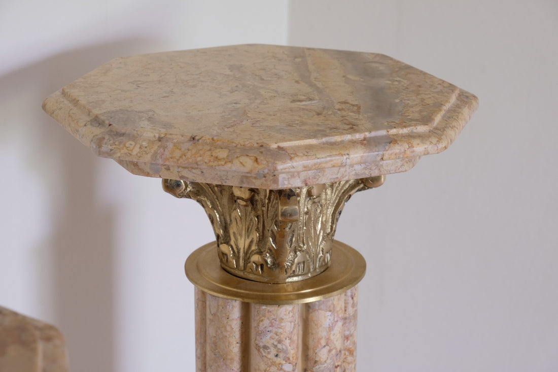 Pair Of Flute Marble Pedestal Stands With Cast Brass Tops 1001848