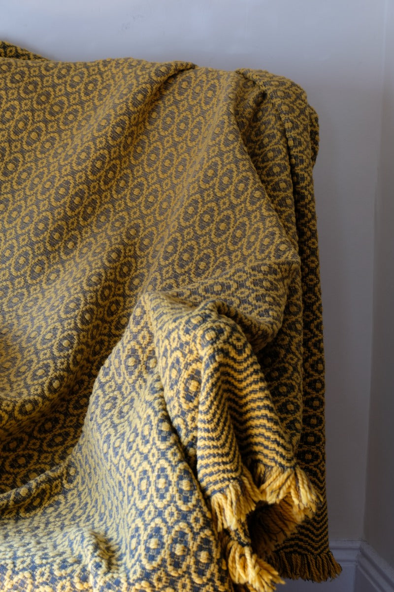 Vintage Saffron & Black Patterned Woollen Blanket Circa 1950s