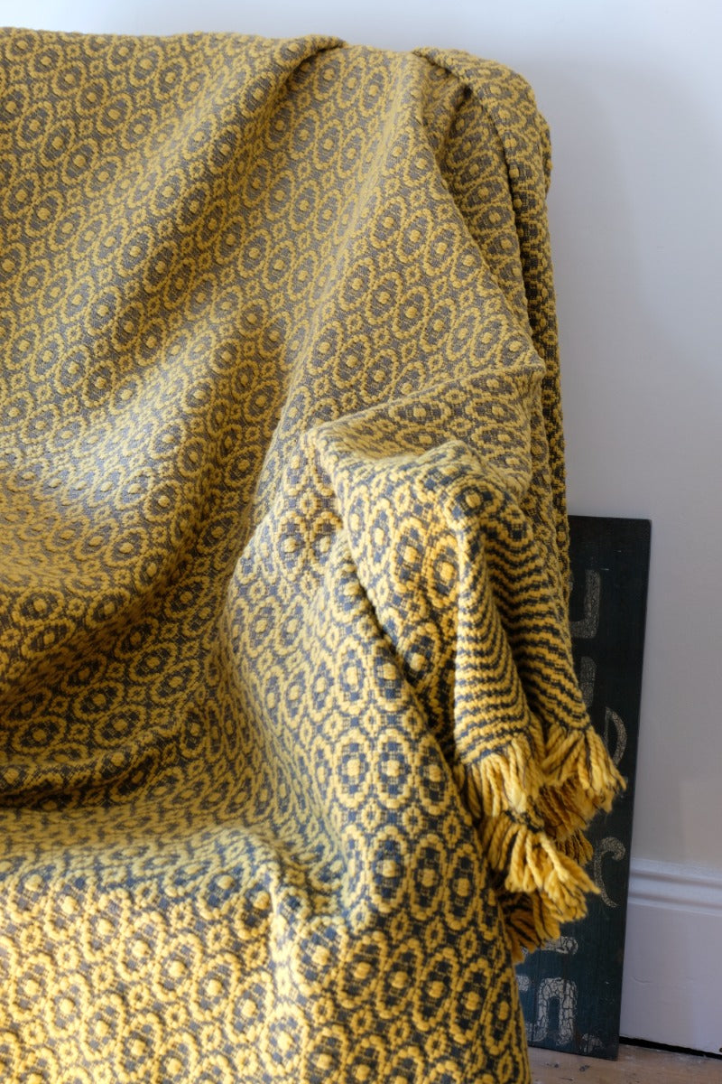 Vintage Saffron & Black Patterned Woollen Blanket Circa 1950s