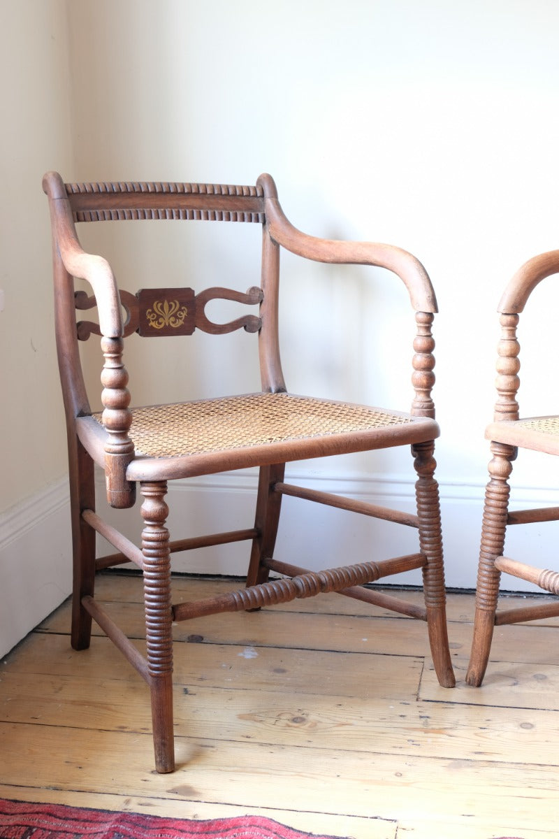 Pair Regency Armchairs With Brass Inlay & Cane Seats