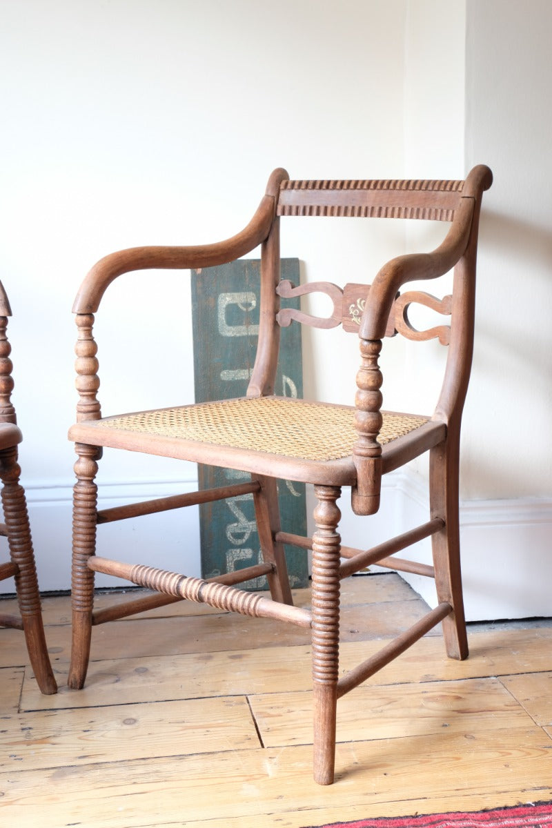 Pair Regency Armchairs With Brass Inlay & Cane Seats