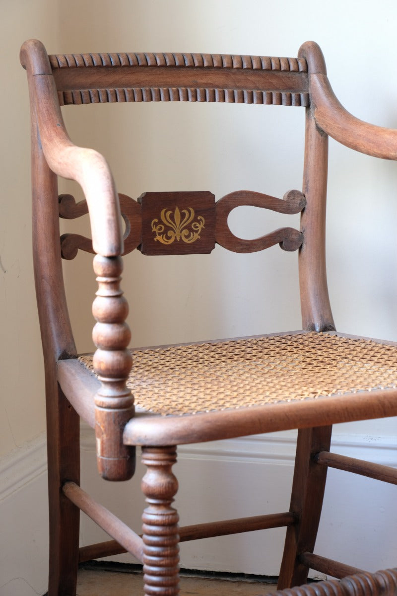 Pair Regency Armchairs With Brass Inlay & Cane Seats