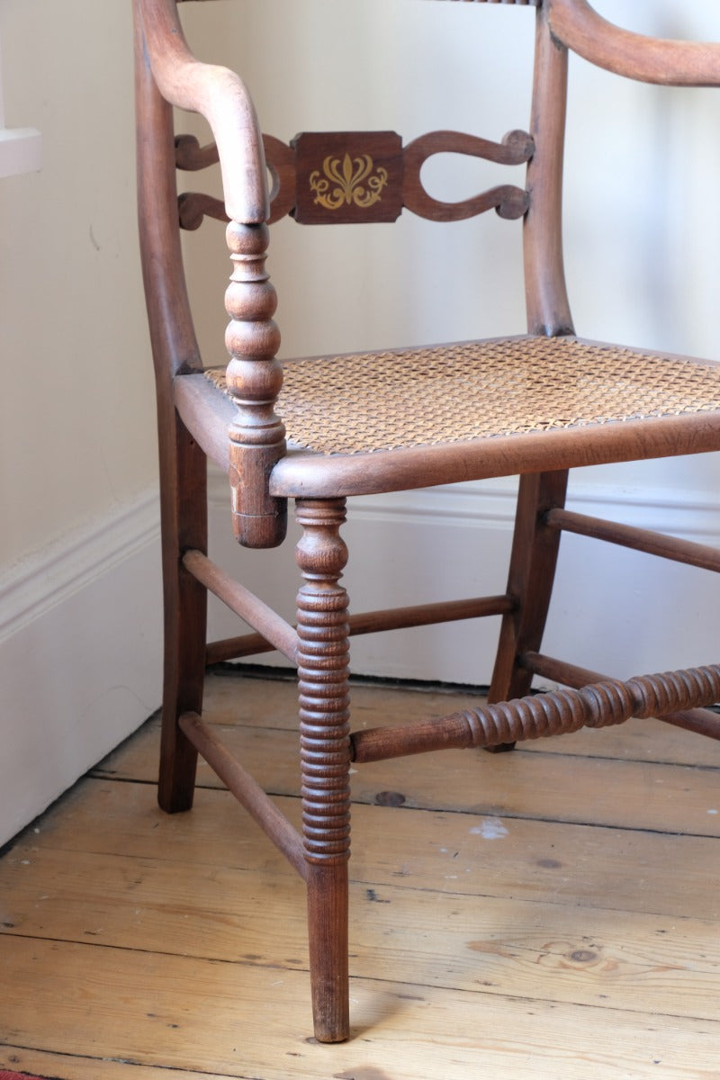 Pair Regency Armchairs With Brass Inlay & Cane Seats