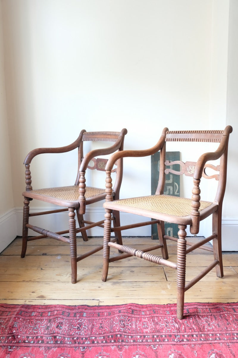 Pair Regency Armchairs With Brass Inlay & Cane Seats