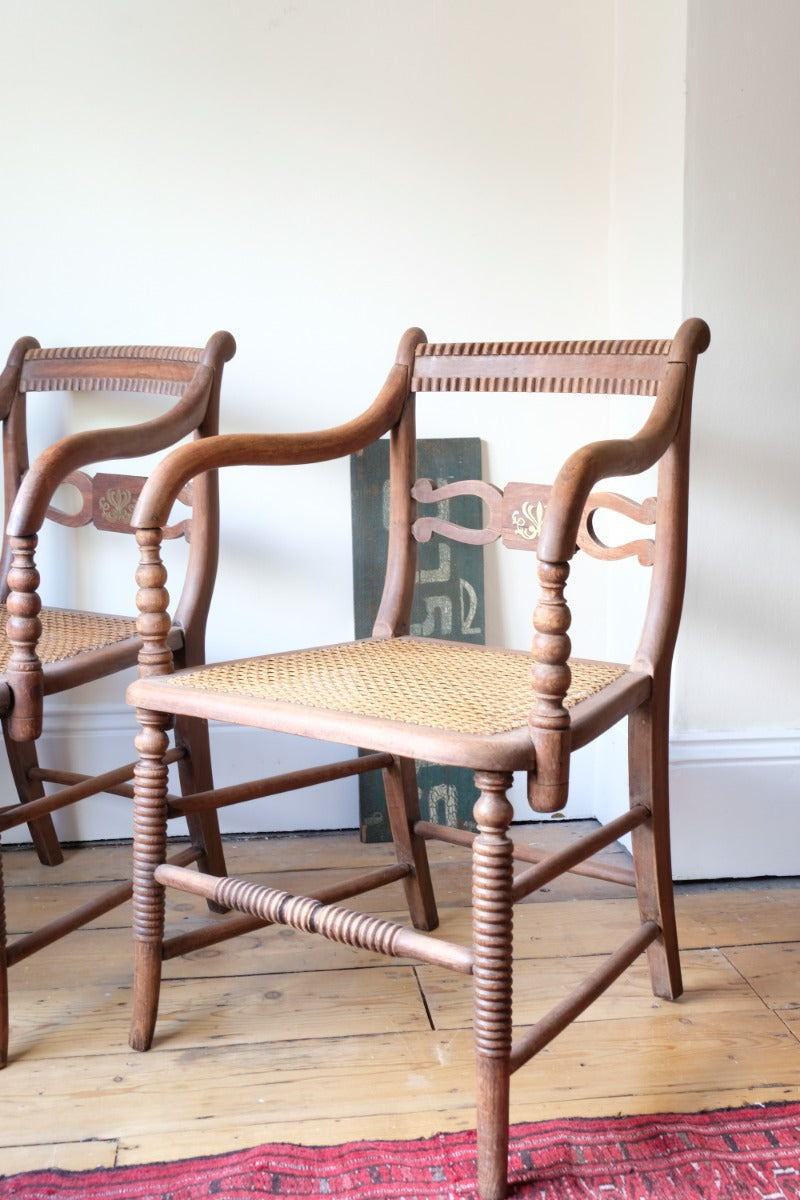 Pair Regency Armchairs With Brass Inlay & Cane Seats