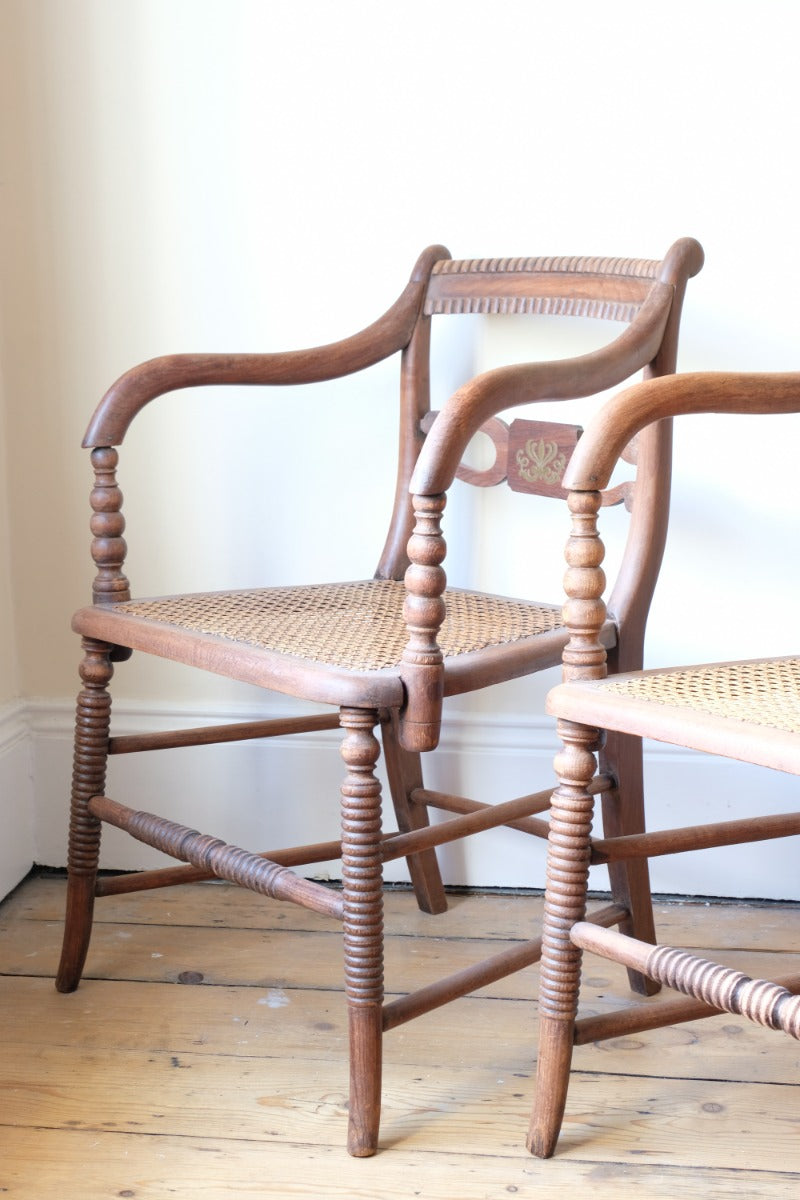 Pair Regency Armchairs With Brass Inlay & Cane Seats