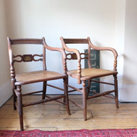 Pair Regency Armchairs With Brass Inlay & Cane Seats