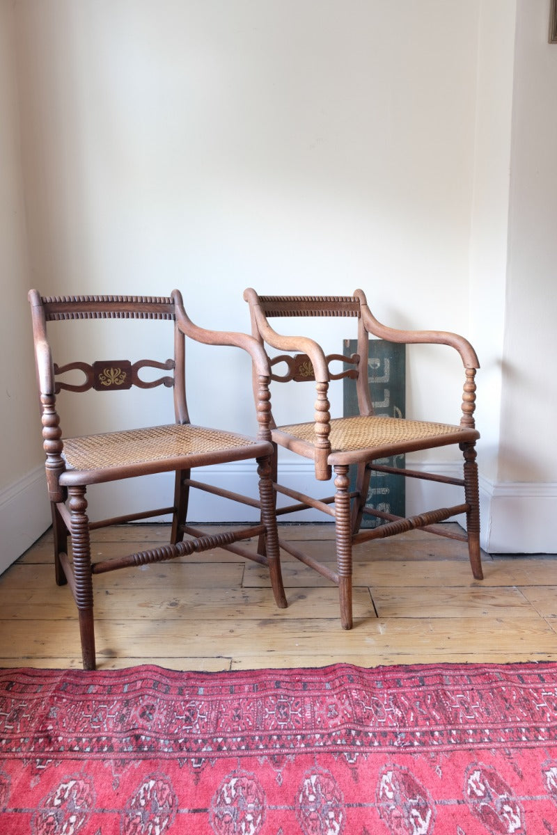 Pair Regency Armchairs With Brass Inlay & Cane Seats