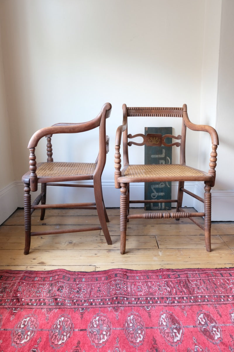 Pair Regency Armchairs With Brass Inlay & Cane Seats