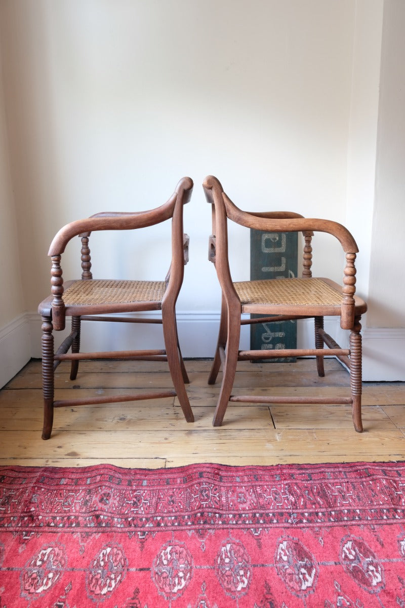 Pair Regency Armchairs With Brass Inlay & Cane Seats