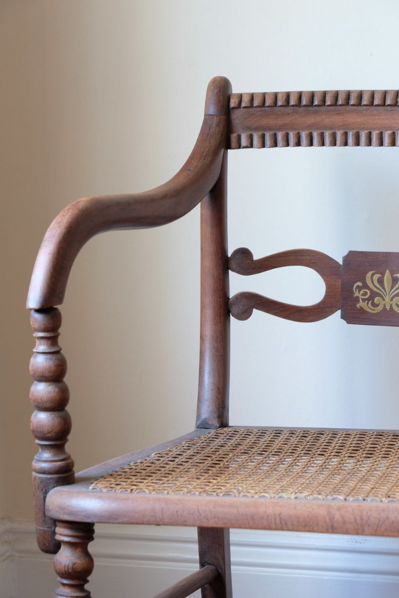 Pair Regency Armchairs With Brass Inlay & Cane Seats