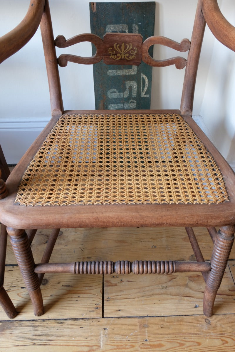 Pair Regency Armchairs With Brass Inlay & Cane Seats