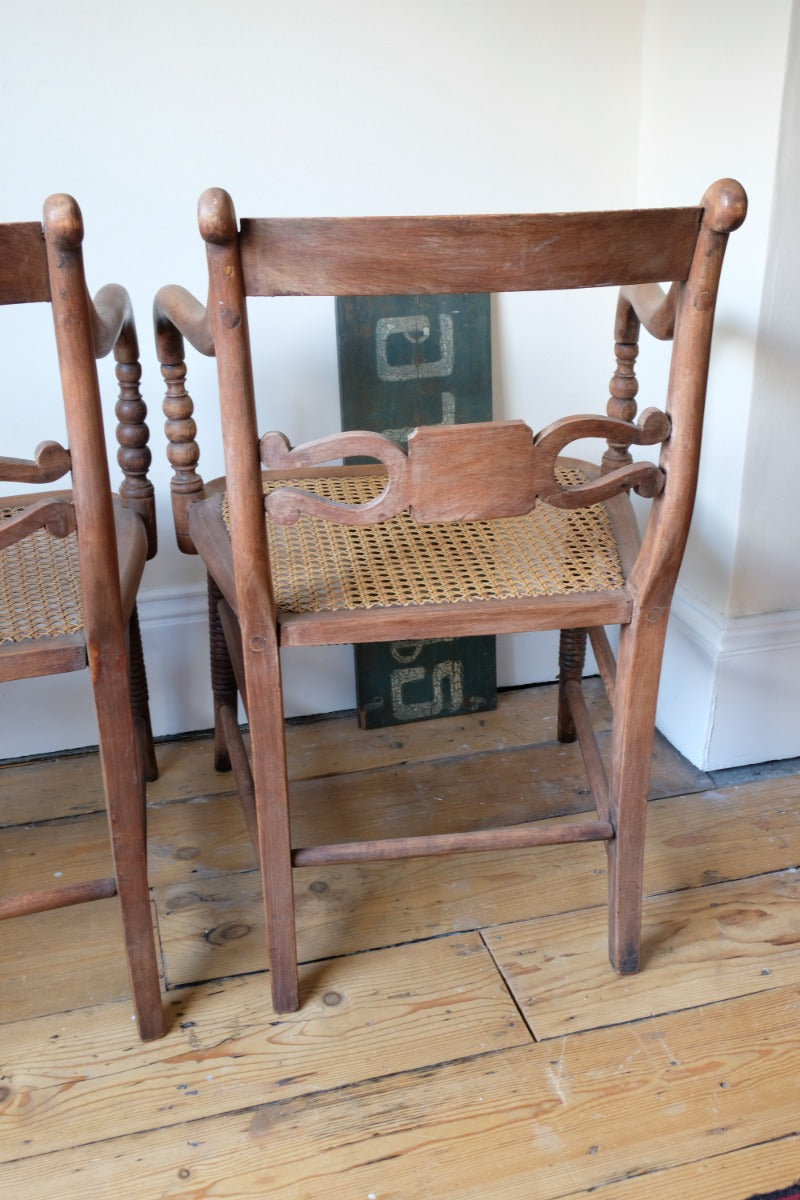 Pair Regency Armchairs With Brass Inlay & Cane Seats