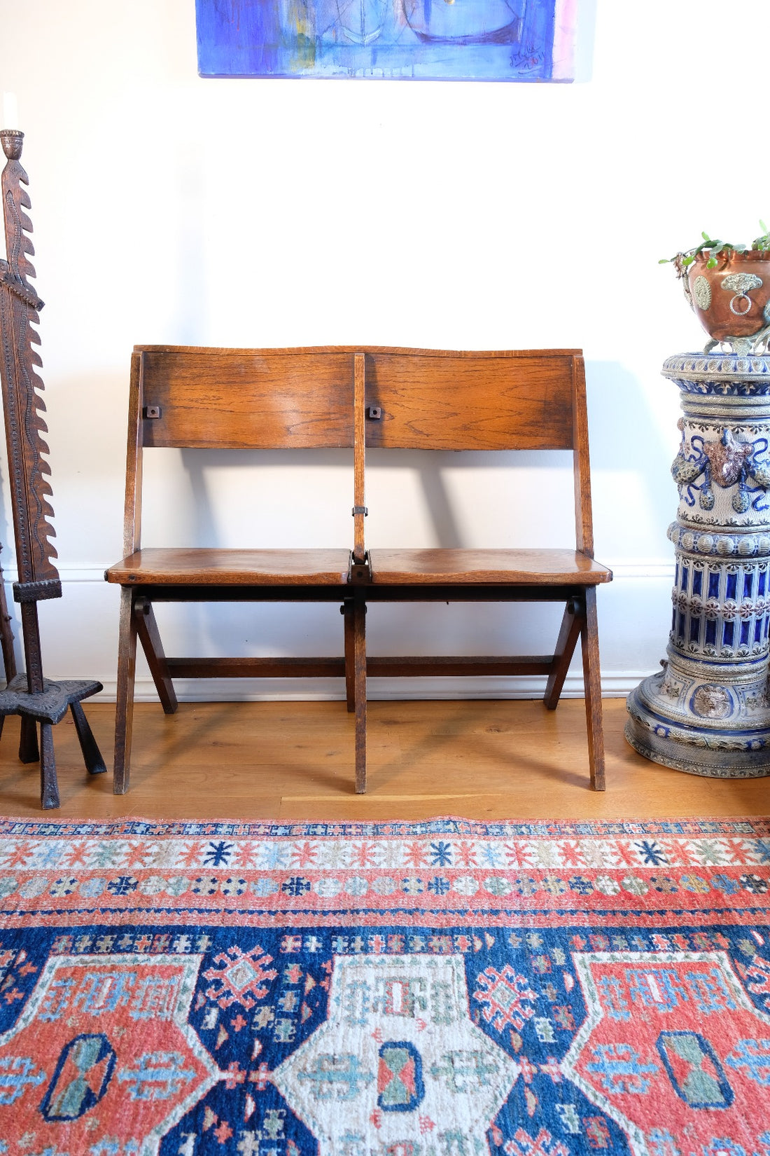 Antique Oak Folding Chapel Saddle Seat Bench Circa 1910