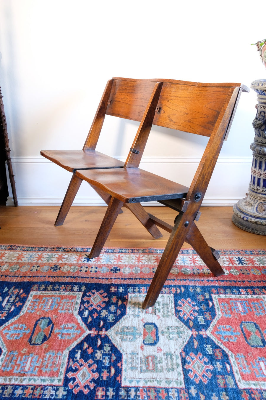 Antique Oak Folding Chapel Saddle Seat Bench Circa 1910