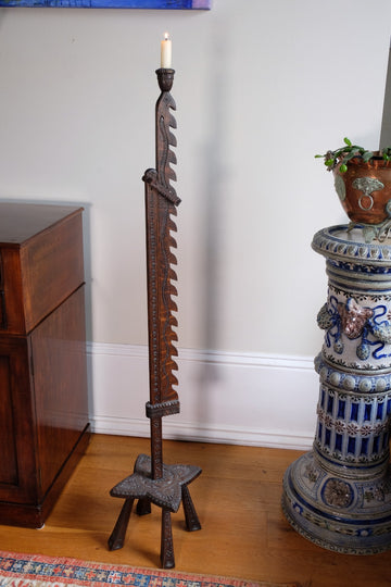 Rare Arts & Crafts Carved Oak Ratchet Adjustable Candle Stand