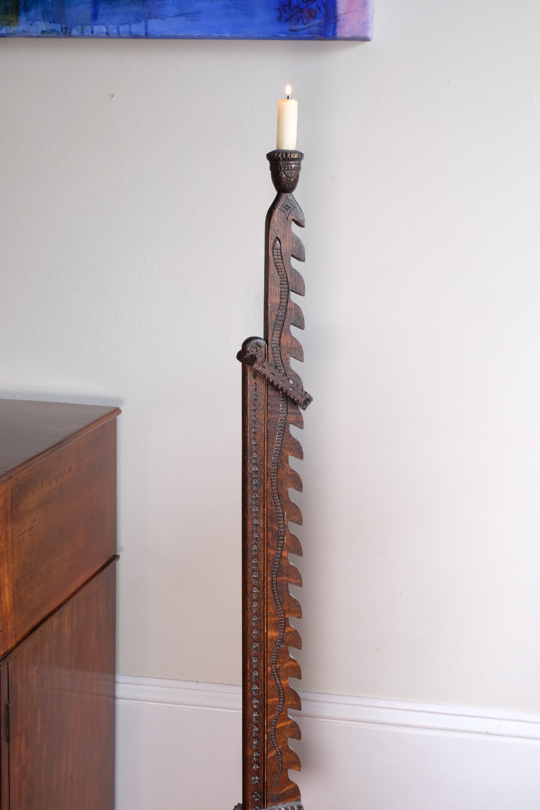 Rare Arts & Crafts Carved Oak Ratchet Adjustable Candle Stand