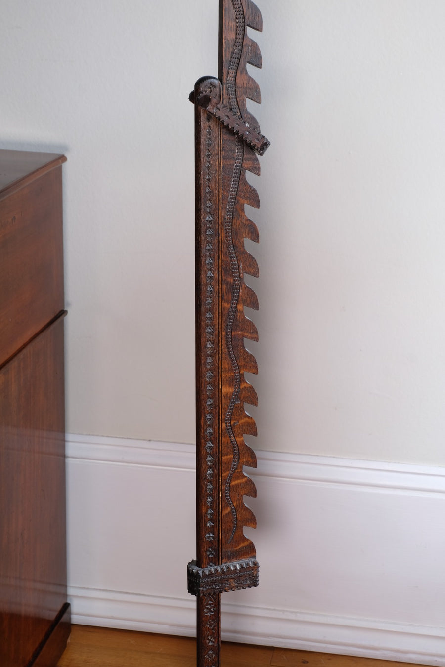 Rare Arts & Crafts Carved Oak Ratchet Adjustable Candle Stand