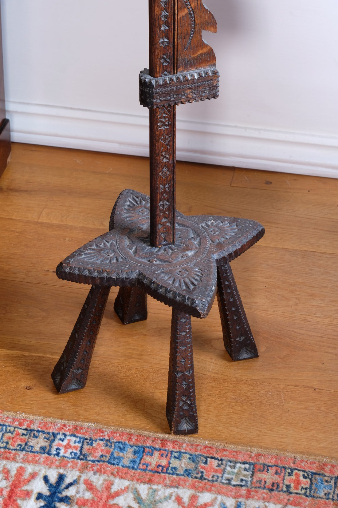 Rare Arts & Crafts Carved Oak Ratchet Adjustable Candle Stand