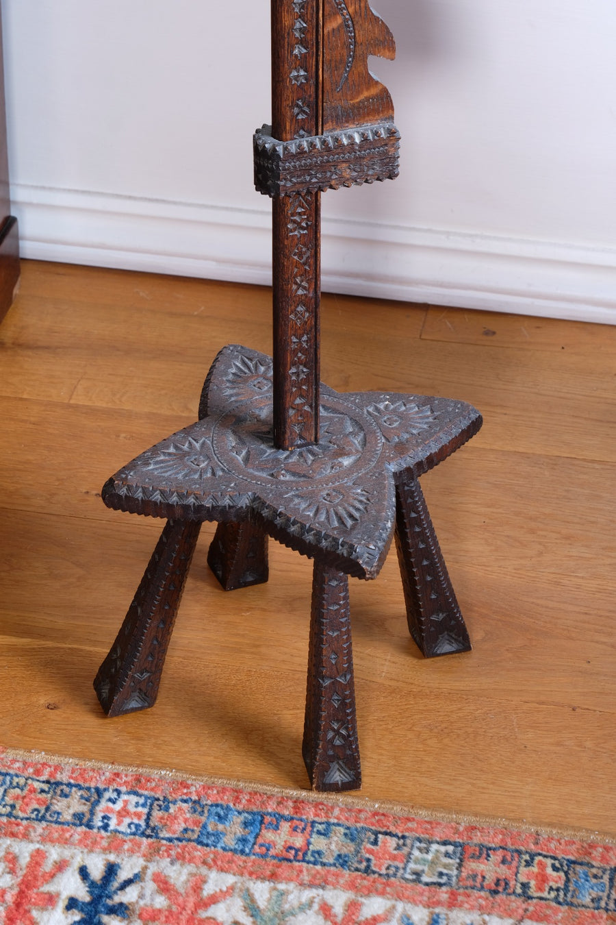 Rare Arts & Crafts Carved Oak Ratchet Adjustable Candle Stand