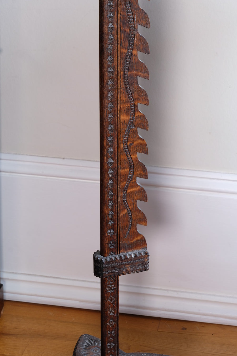 Rare Arts & Crafts Carved Oak Ratchet Adjustable Candle Stand