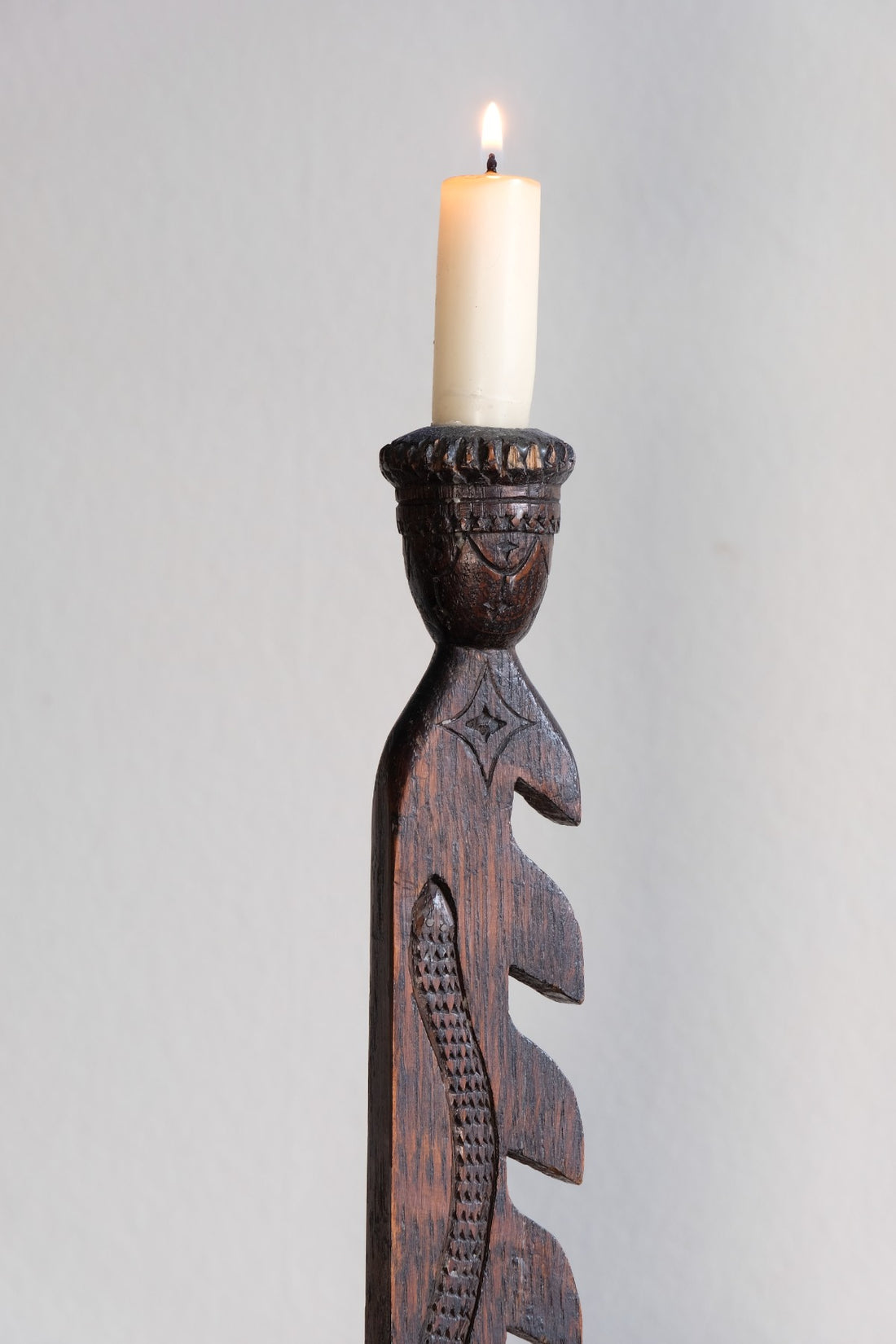 Rare Arts & Crafts Carved Oak Ratchet Adjustable Candle Stand
